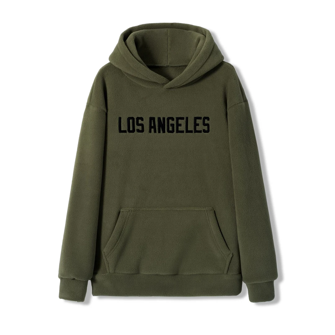 秋冬上新款 双面绒 刺绣连帽帽衫 军绿色