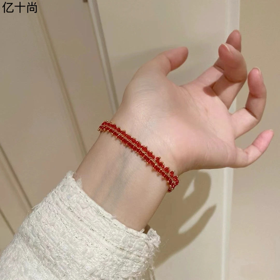 925银合成锆石手镯 亿十尚鞭炮红绳纯银手链时尚洋气大气不掉色潮