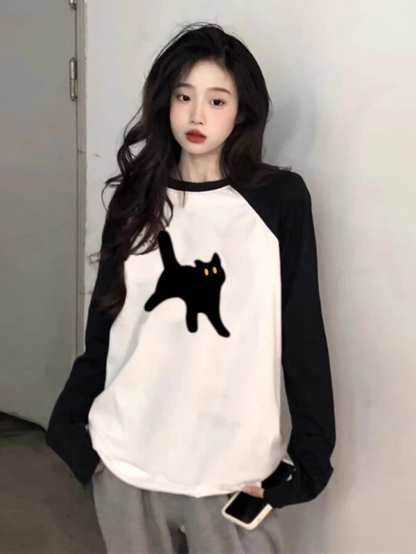 小猫显瘦打底衫撞色上衣潮插肩袖长袖t恤女宽松内搭2025秋季新款