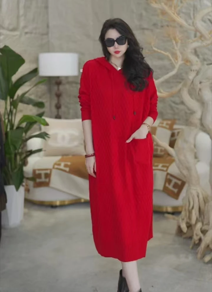 高端品质【连帽华夫格红】春秋时尚百搭潮流款毛衣打底连衣裙-1377#
