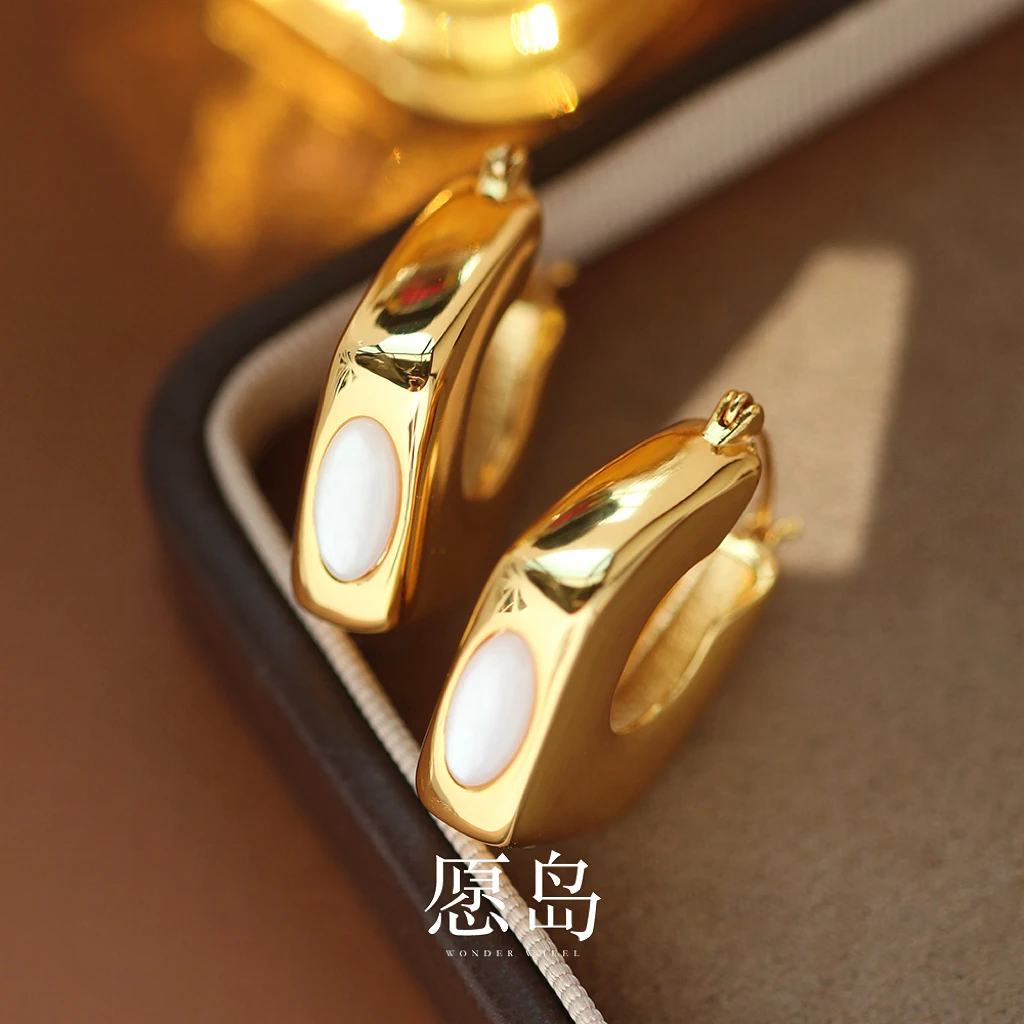 愿岛 黄铜贝壳耳饰 法式气质极简几何图形镜面金属贝壳耳环EH2162