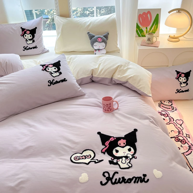 爱心库洛米全棉磨毛床上四件套纯棉毛巾绣卡通被套宿舍床单床笠