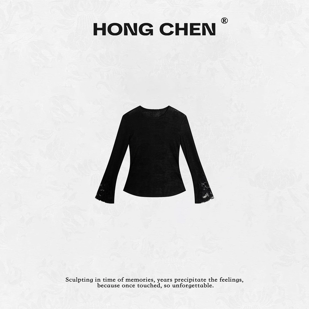 【虹辰】高端时尚优雅提花高级感镂空花卉袖口气质百搭修身T-HC2372