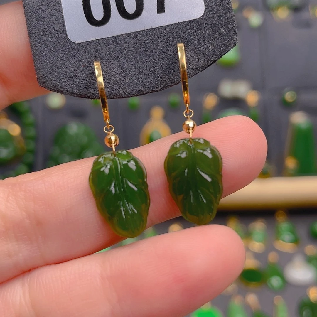 和田玉18K金镶嵌耳饰698