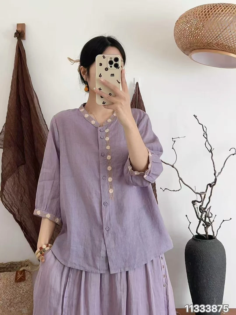 夏季新款立领单排扣七分袖复古国风重工刺绣全包边宽松女士小衫