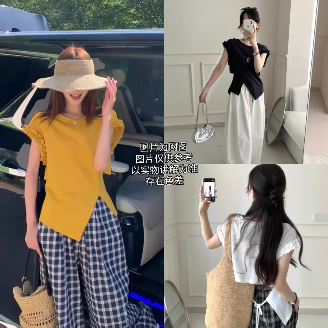 2025夏季新款大码女装韩系设计感甜美花边露背上衣+阔腿裤