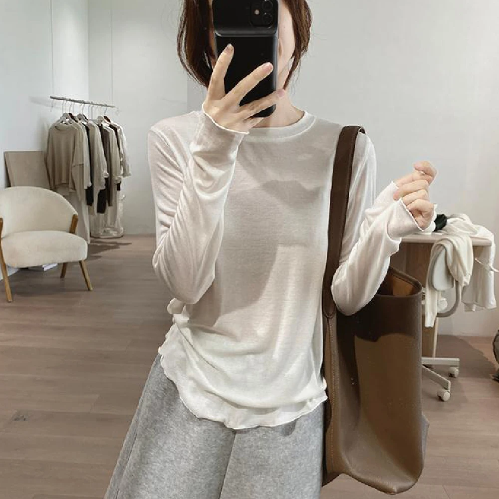 设计感花边圆领长袖t恤女2025早秋新款宽松显瘦绵羊毛打底衫上衣