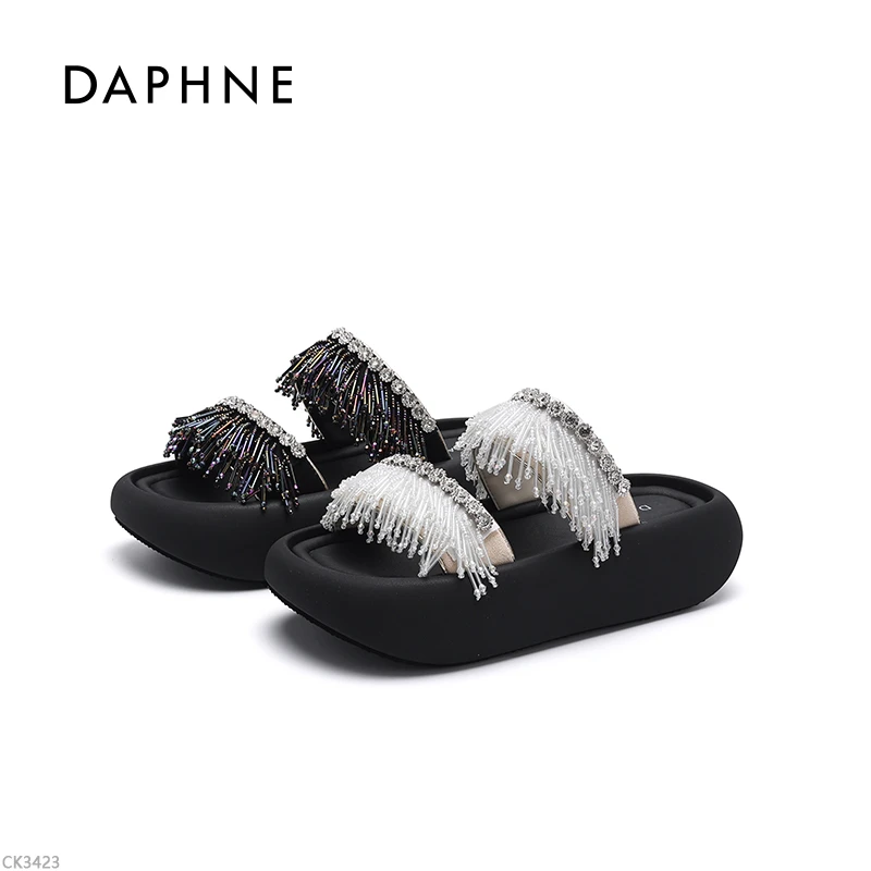 达芙妮新款舒适松糕底2025夏季坡跟休闲防水台一字拖流苏女鞋C