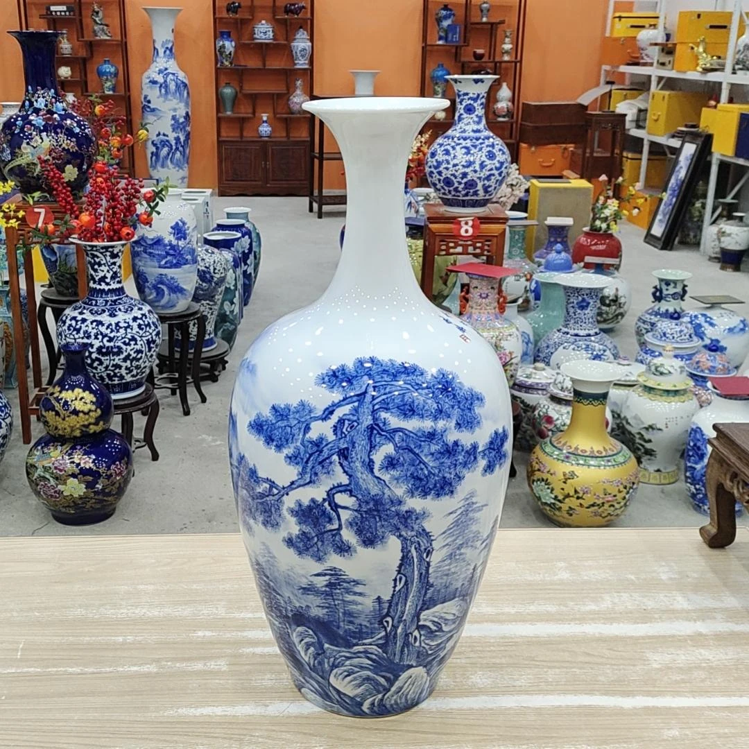 鸿轩景德镇陶瓷花瓶客厅玄关家居摆件王建峰青花山水大瓶