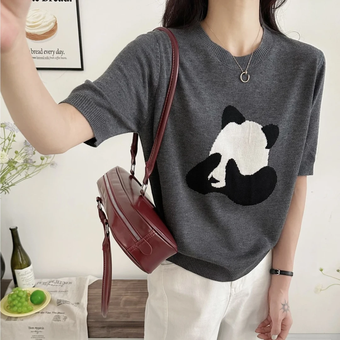 夏季新款卡通熊猫提花减龄薄款圆领时尚宽松休闲针织衫T恤上衣女