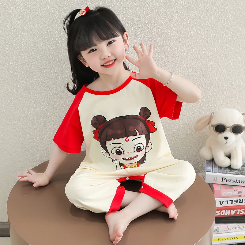 女童连体睡衣夏季纯棉薄款哪吒睡袋宝宝防着凉空调服儿童夏天爬服