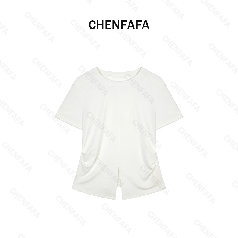 【下摆开叉褶皱收腰纯色圆领短袖T恤 ZB-S-23】