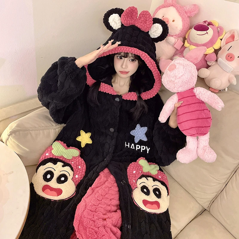 运补【黑色小新】睡袍新款冬季加绒秋冬保暖搭子甜美少女睡衣家居服
