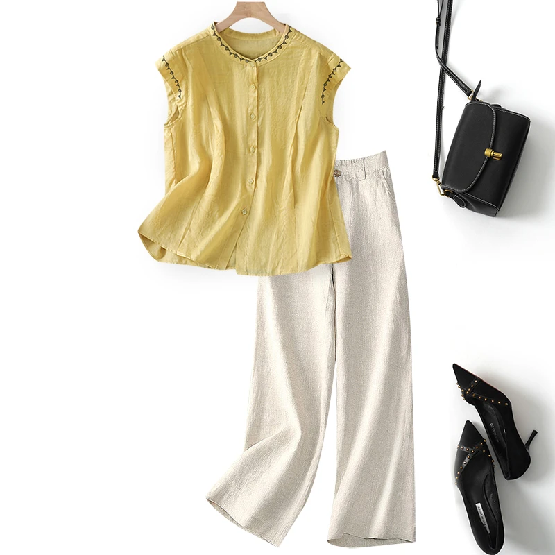 洋气时尚减龄苎麻无袖衬衫套装女士夏季高端亚麻阔腿裤休闲两件套