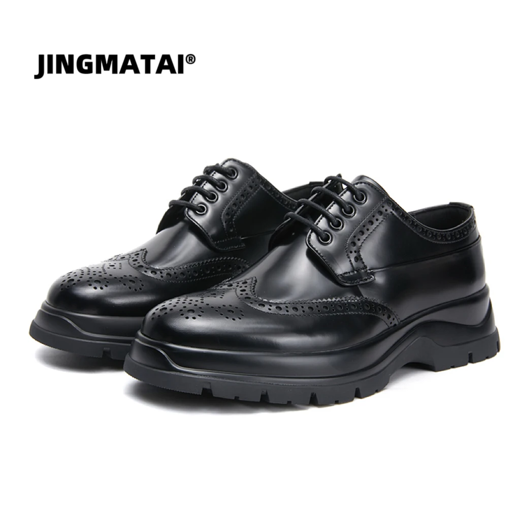 JINGMATAI男士男款真皮德比时尚雕花增高运动皮鞋痞帅英伦风黑色