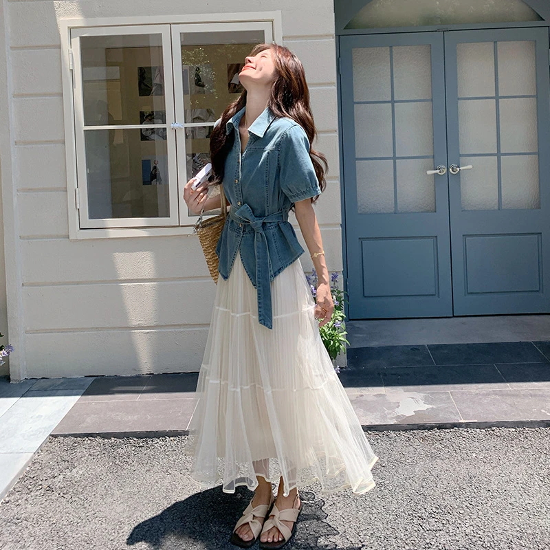 美式牛仔外套白色蛋糕裙套装女夏季2025新款设计感穿搭一整套长裙