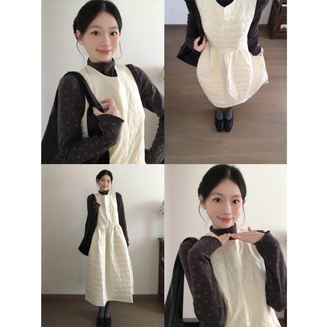 MARIE.COCO温柔风内搭长袖背心连衣裙秋冬季后背绑带收腰长裙套装