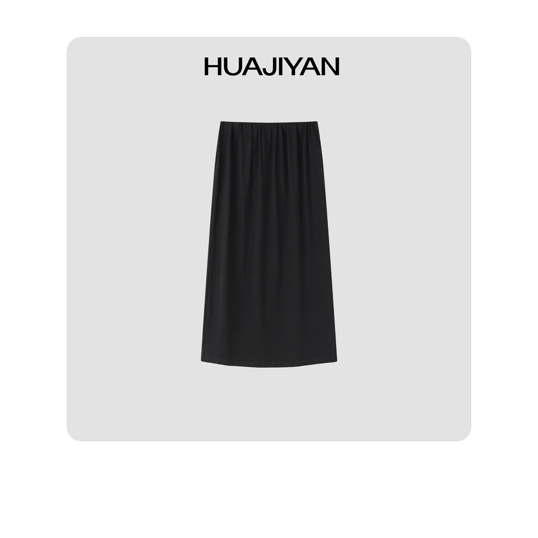 华吉言/HUAJIYAN【夜行诗】棉氨混纺隐形松紧腰后开叉半裙