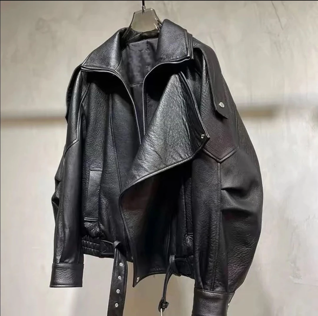 高端肌理感阔版双领机车皮衣女春秋时尚宽松显瘦8205