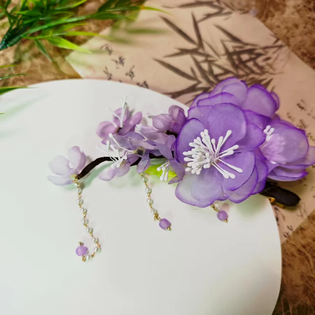 【云鬓花颜阁烫花发夹】紫华珠影爆款新中式汉服纯手工古风配饰A102