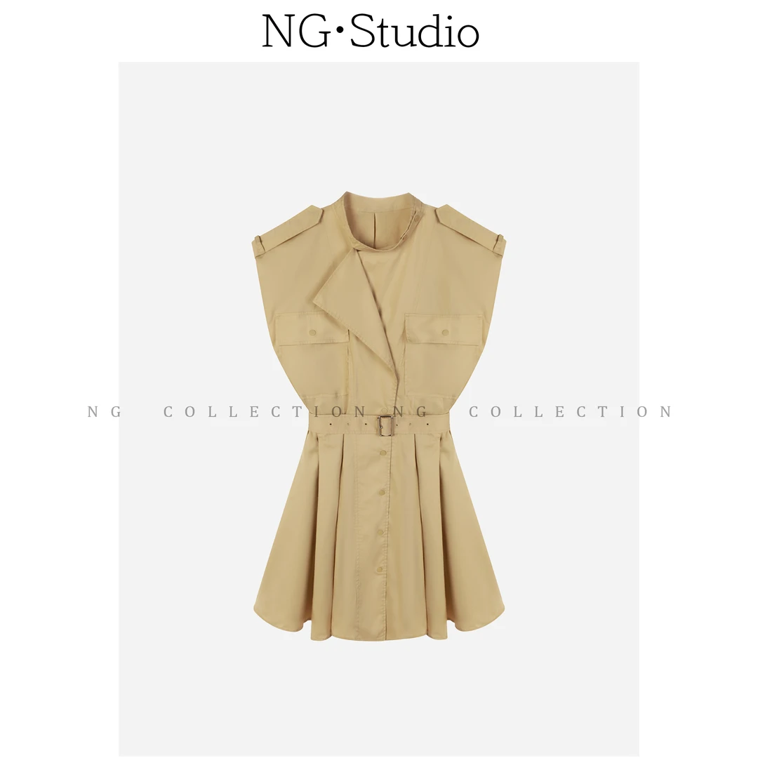 【NG·Studio】无袖工装阔肩收腰压褶大裙摆腰带连衣裙NGX5LYQ3491