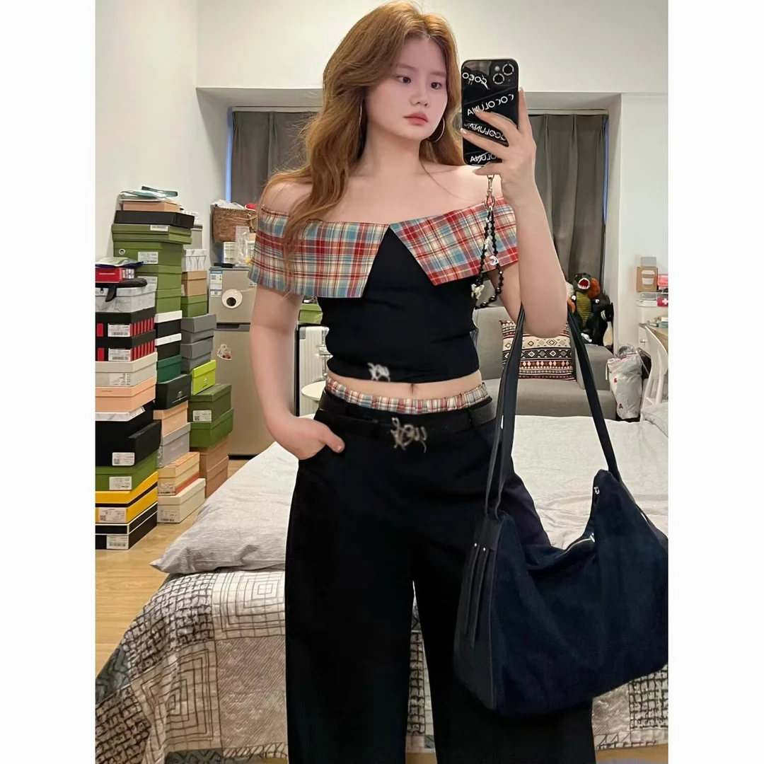 美式甜辣风格纹拼接一字肩上衣女夏季学院风休闲直筒阔腿裤两件套