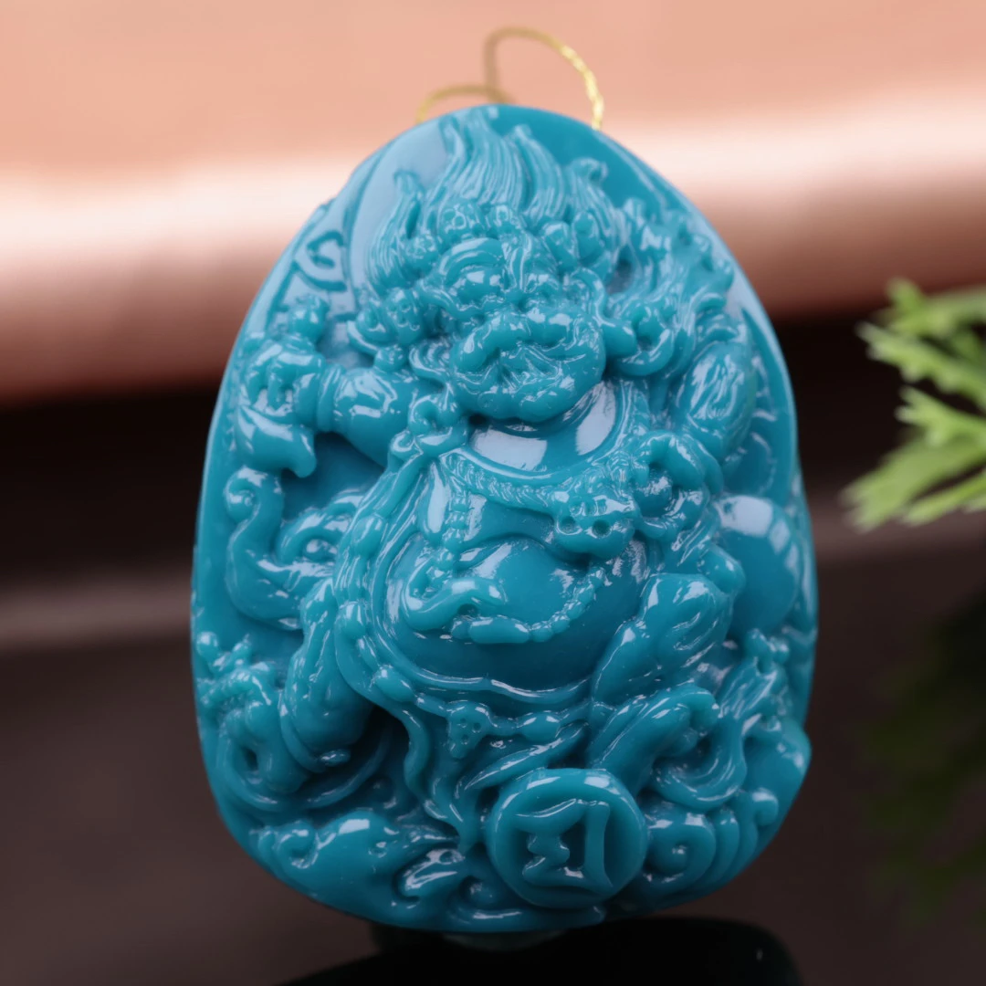 原矿纯天然绿松石精品雕件大黑天吊坠
