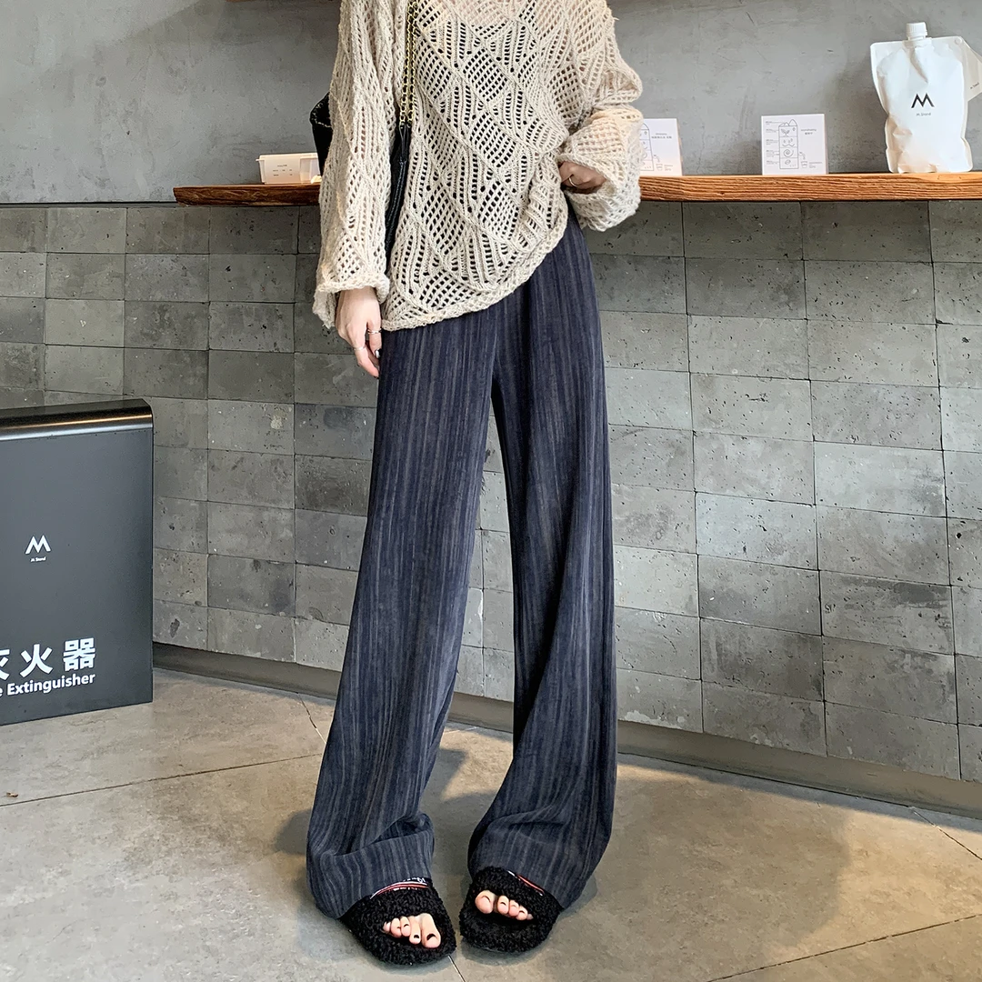 小个子休闲阔腿裤女高腰宽松垂感扎染直筒拖地长裤秋冬加绒暖暖裤
