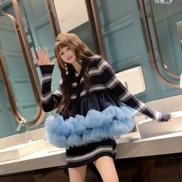 0166【熙妮潮牌】泰潮秋长袖时尚仙女条纹polo衫蓝色针织名媛连衣裙