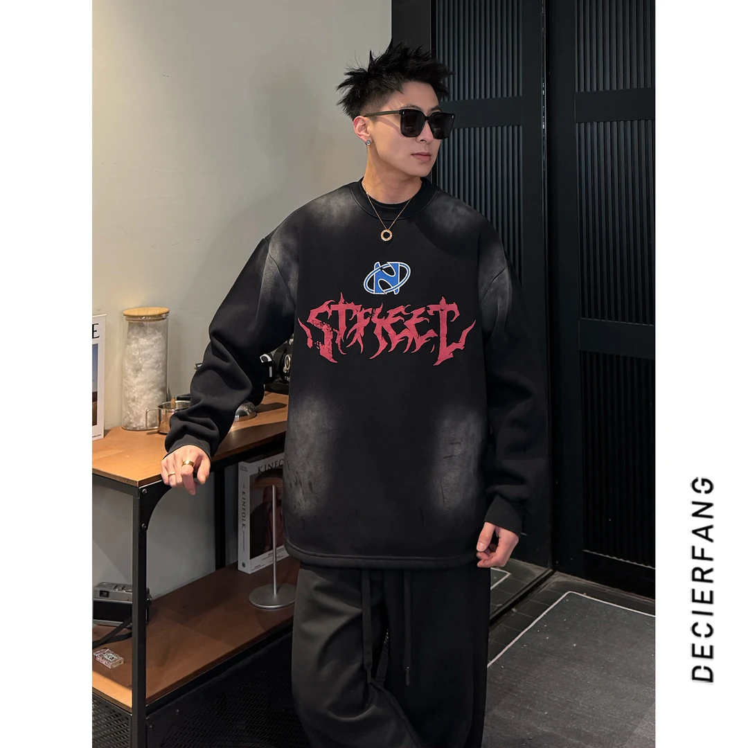 QC-F6020做旧水洗圆领长袖加绒卫衣