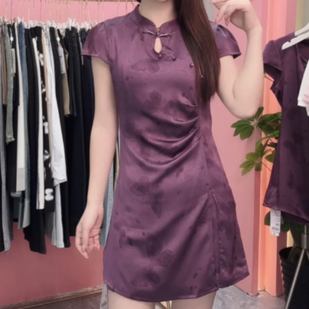 50607#【衣长78裤长38】纯色短裤短袖免烫新中式旗袍高腰温婉风套装