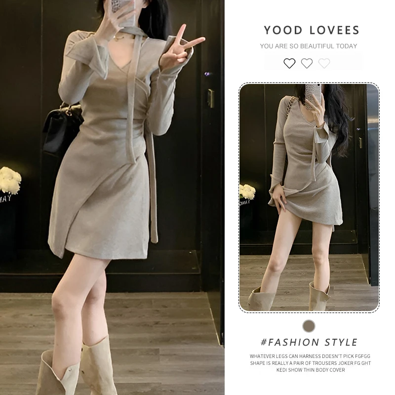 设计感气质V领收腰绑带褶皱连衣裙女2025春秋新款长袖修身短裙子