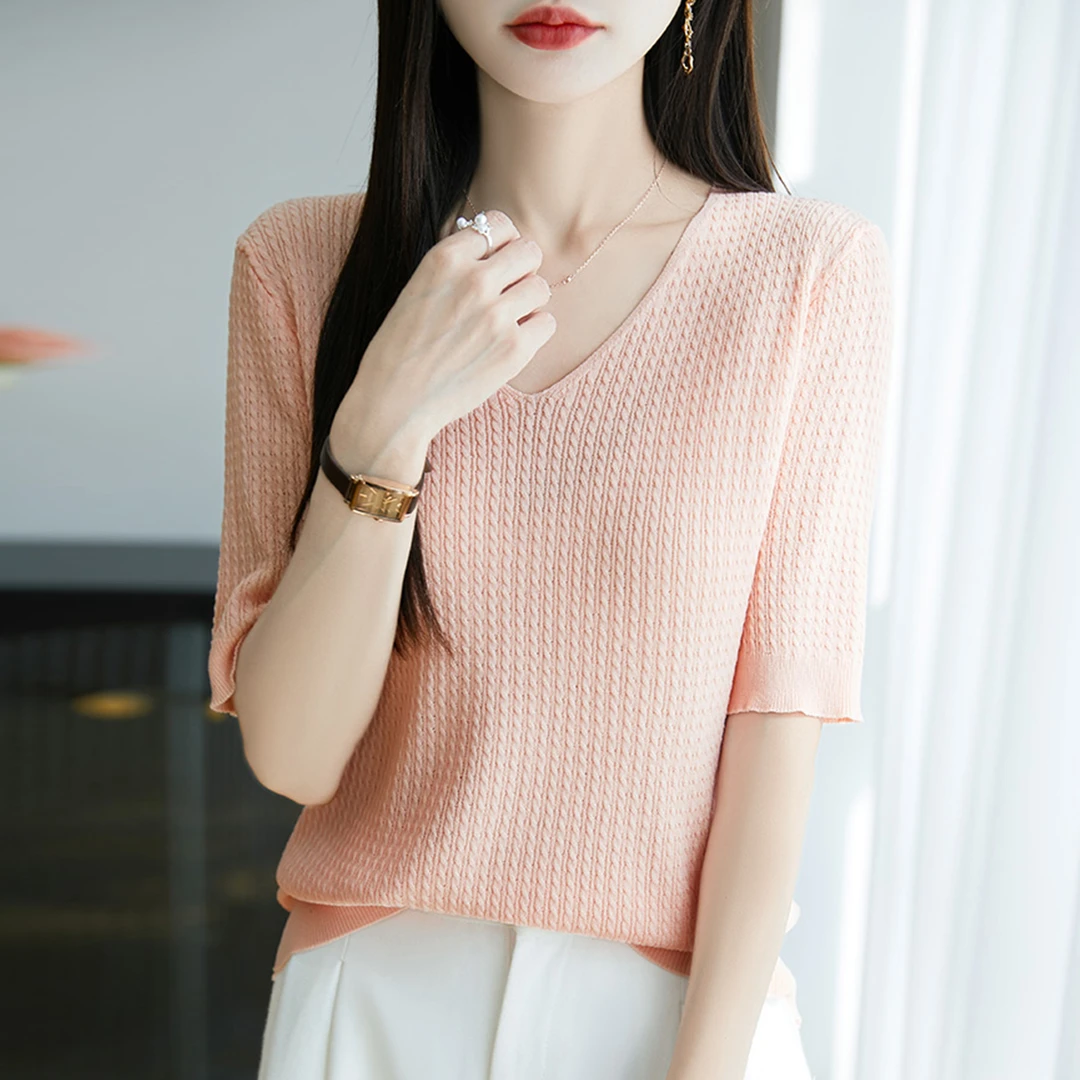 大码女装夏装高端胖mm冰丝针织衫女士短袖t恤遮肚子巨显瘦v领上衣