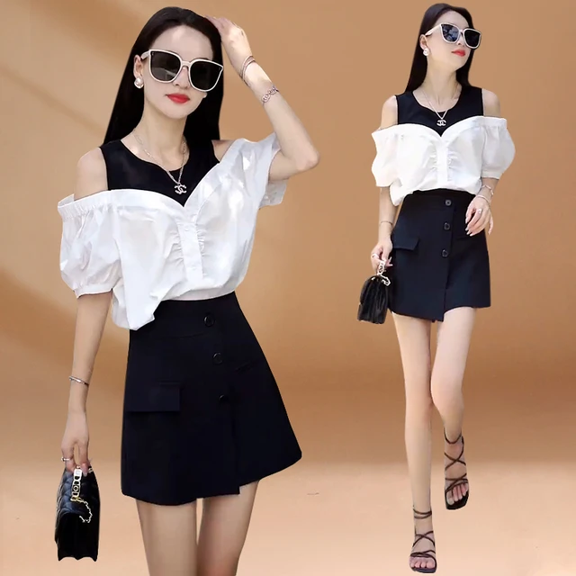 网红时尚套装女夏季新款露肩设计短袖衬衫拼色上衣休闲裙裤两件套