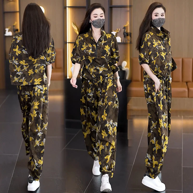 2025新款时尚显瘦短袖上衣裤子百搭宽松哈伦裤两件套气质女装套装