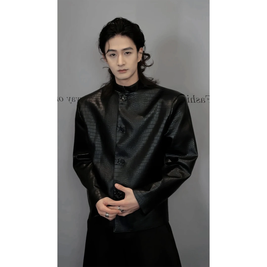 龙叨叨秋季新款潮流男士高级感定制新中式时尚舒适软皮立领皮衣