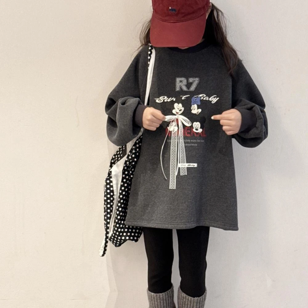 女童一体绒卫衣韩版宽松中长款秋冬新款童装中大童加绒上衣打底衫