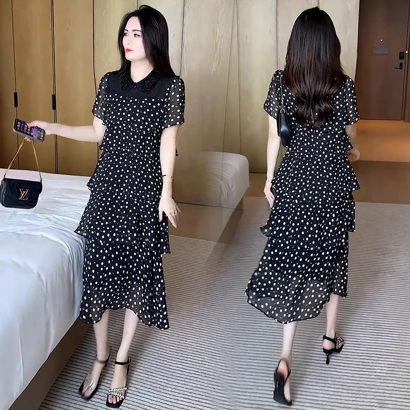 时尚连衣裙2025夏季气质波点洋气宽松显瘦收腰中长款连衣裙