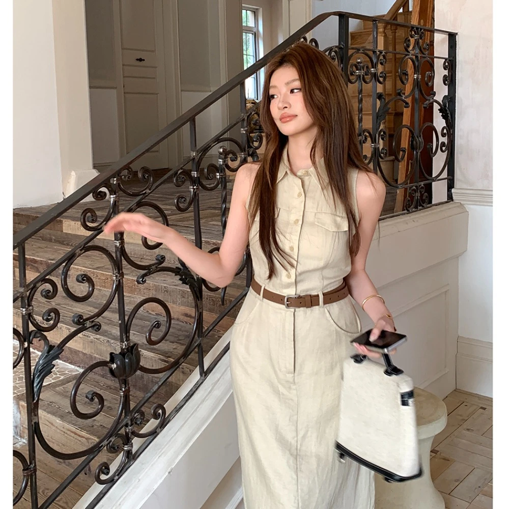 轻奢网红款2025春夏新款翻领衬衫连衣裙女气质设计感通勤收腰修身