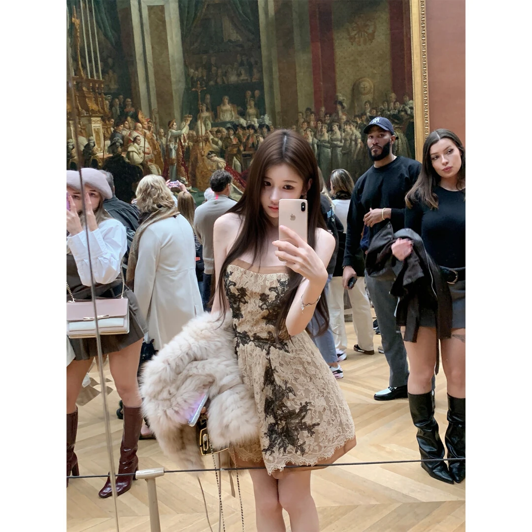 Bigking大金家 复古蕾丝收腰抹胸连衣裙秋冬气质一字肩宴会礼服裙