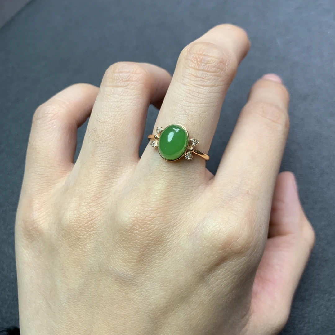 和田玉俄碧碧玉金镶戒指 内径 17 CJ138