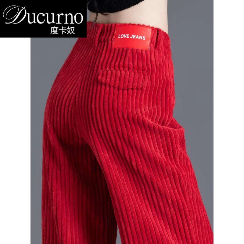 安可拉红色灯芯绒阔腿裤女2025新款秋冬雪尼尔条绒直筒休闲长裤子