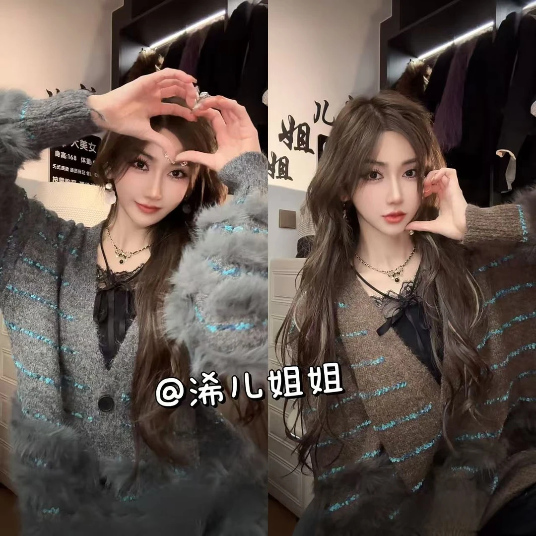 （浠儿姐姐）慵懒仿貂拼接针织开衫秋冬新款仿皮草时尚气质加厚外套