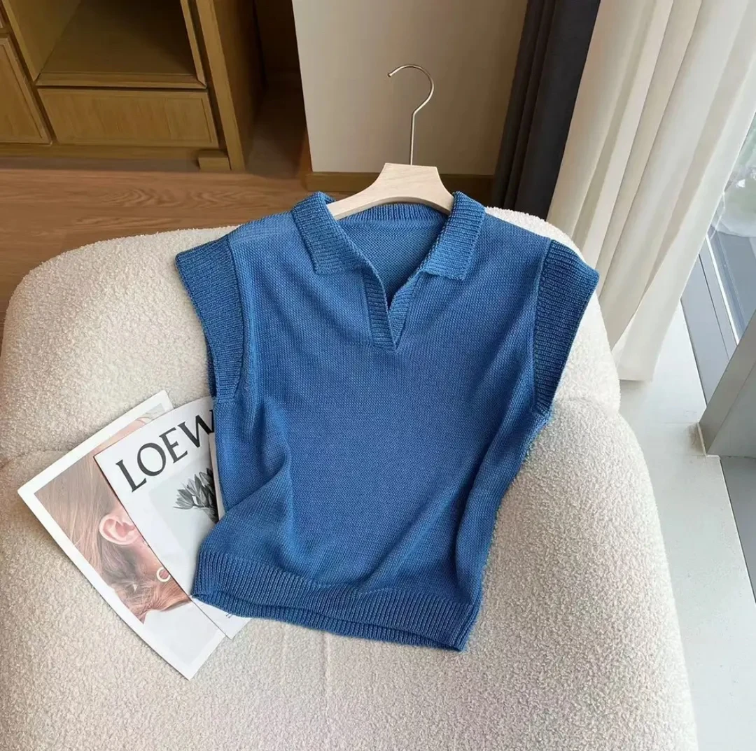 2025春夏新款时尚简约Polo领针织短袖百搭纯色气质上衣韩版NJR552