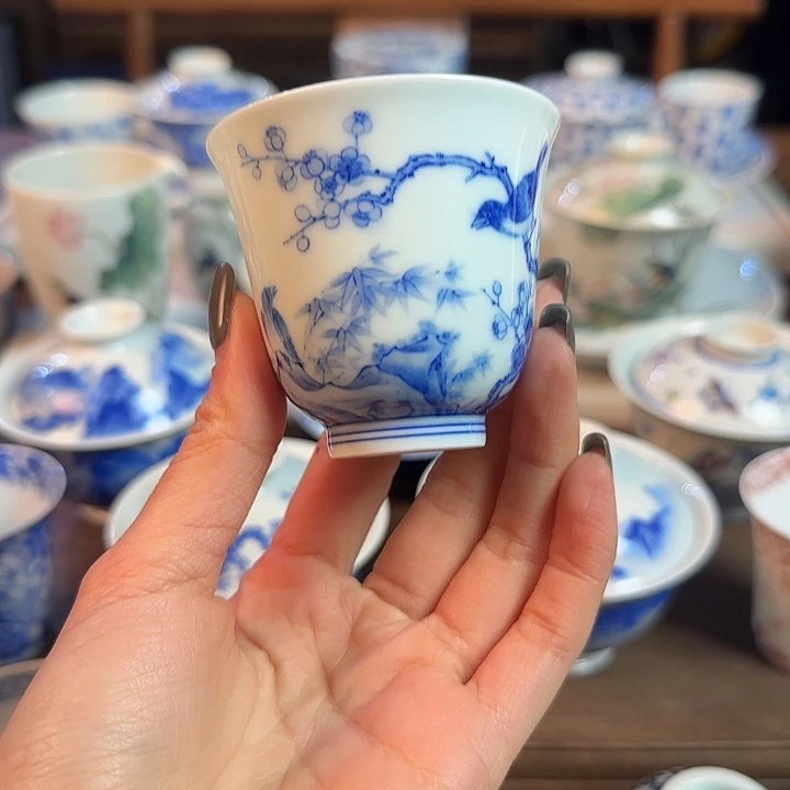 名窑口 见山烧花鸟花神杯放漏