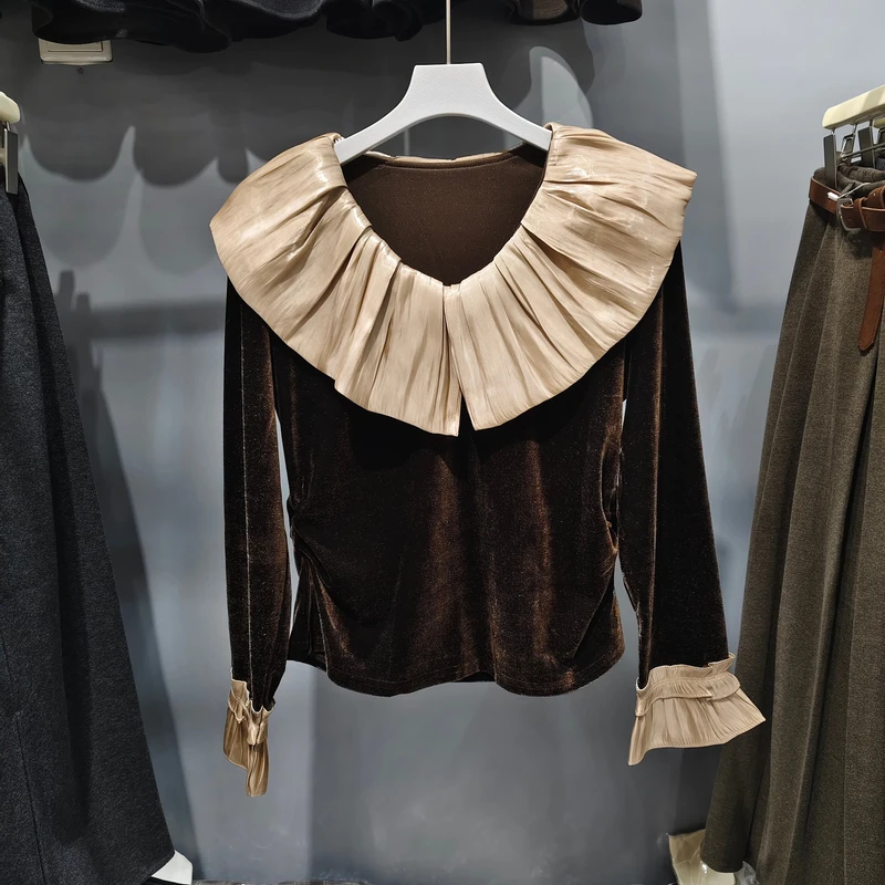 洋气减龄撞色荷叶边长袖丝绒衬衫女秋季别致设计感上衣潮2025新品