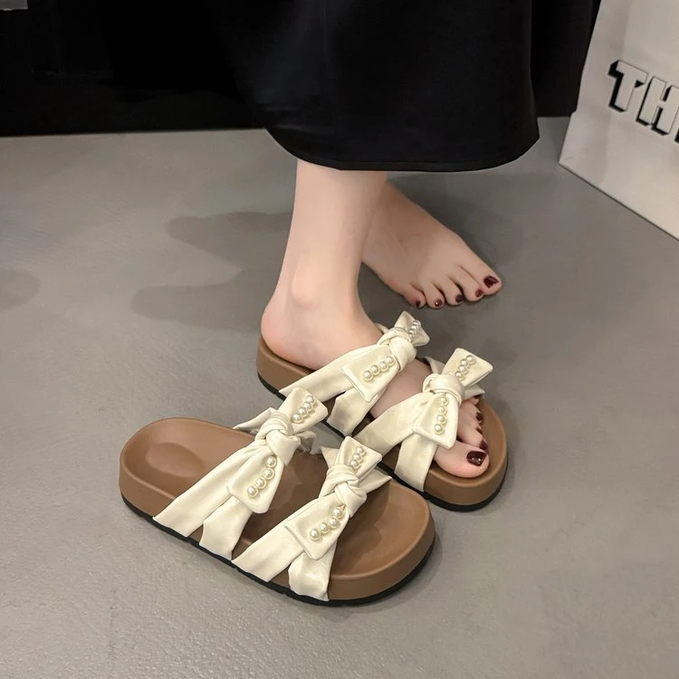 2025新款夏轻便舒适珍珠装饰厚底少女风格女士沙滩休闲凉鞋仙女风