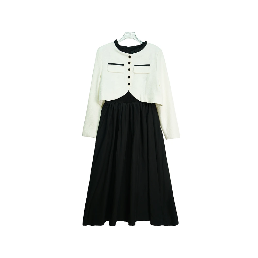 时尚茶歇法式白色收腰小香风连衣裙-E035