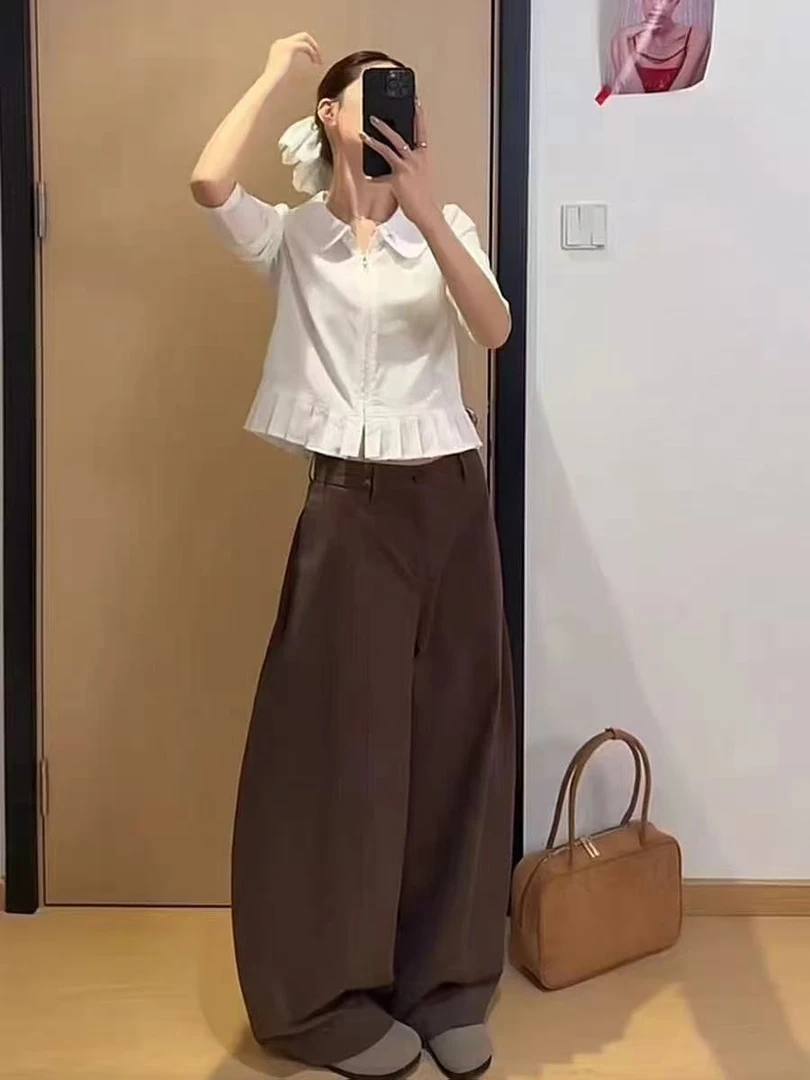 天一~秋季新款娃娃领长袖衬衫女显瘦遮肉百搭阔腿裤套装35529