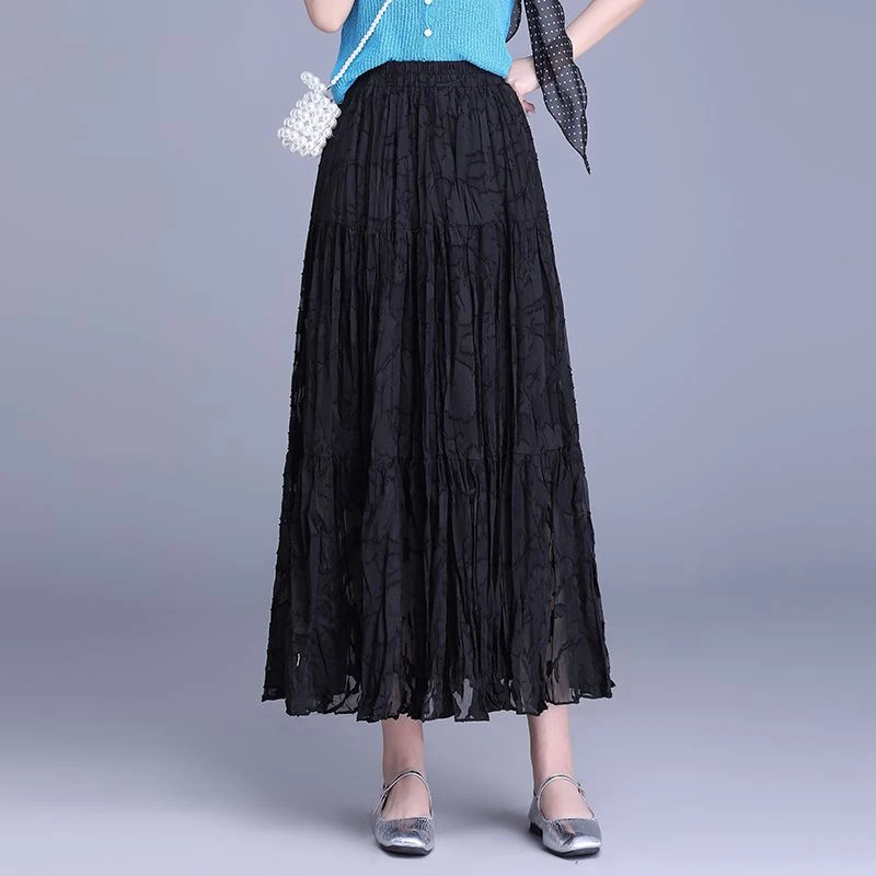褶皱提花半身裙女春季2025新款中长高腰显瘦垂感新中式a字百褶裙
